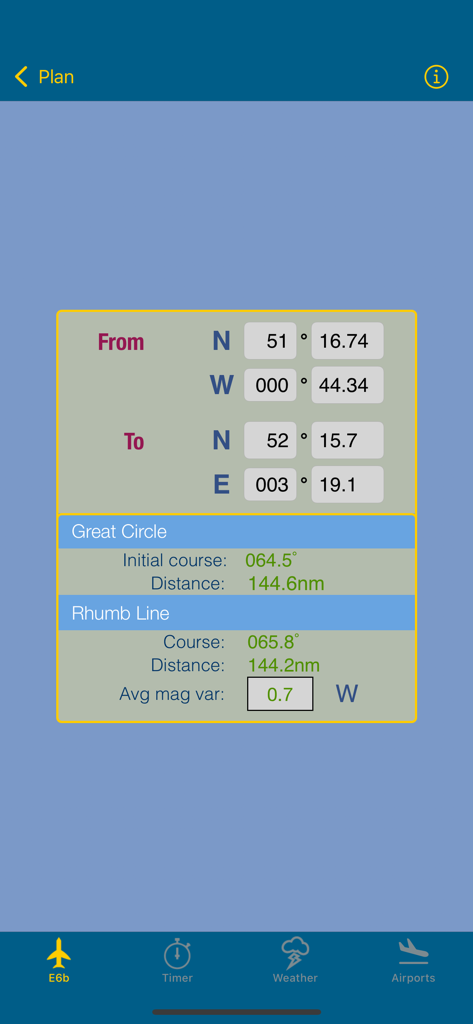 E6b Pilot - E6b Pilot app flight planning screen showing Great Circle and Rhumb Line course and distance calculations