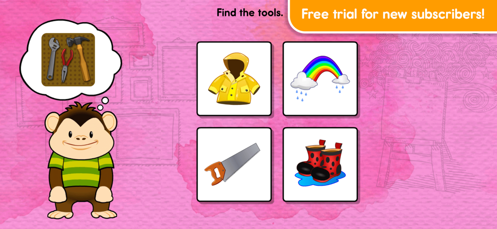 Monkey Preschool Learning - Una pantalla de juego de asociación preescolar que pide al jugador que encuentre herramientas entre una selección de objetos como un impermeable, un arcoíris y una sierra.