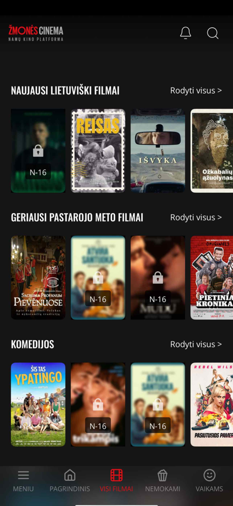 Interface of the Zmones Cinema app showing categories for latest Lithuanian films and comedies