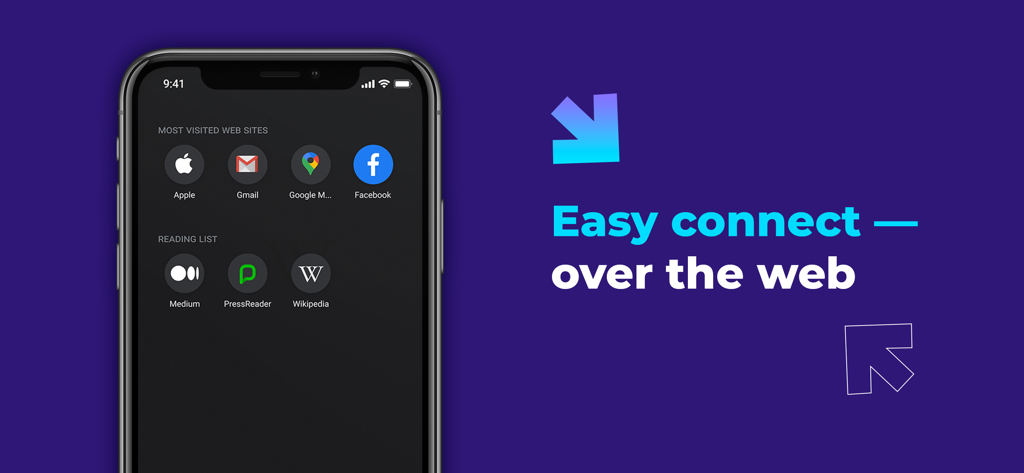 Bluefy browser interface on an iPhone showing web shortcuts and the slogan easy connect over the web