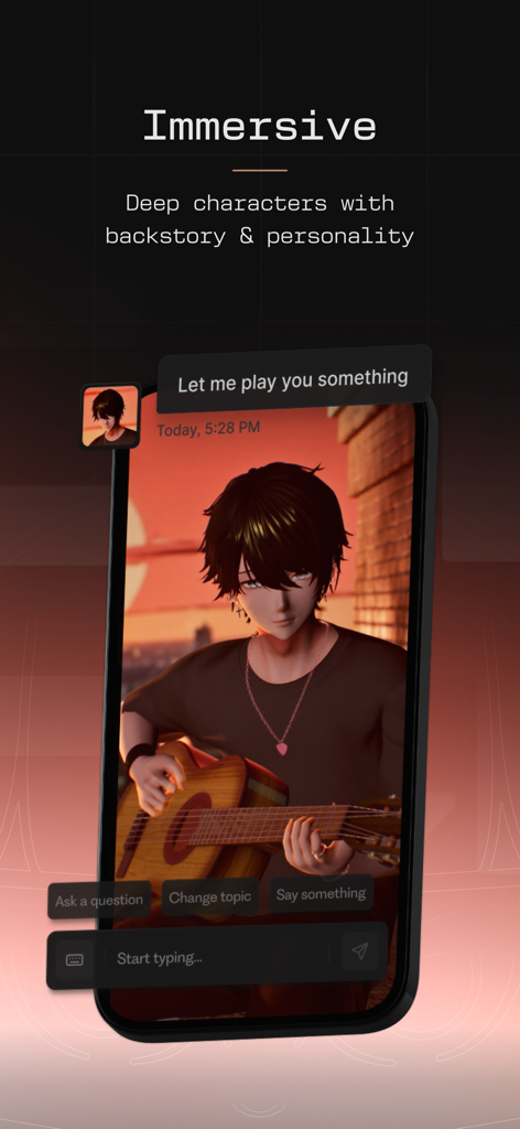 Otherhalf AI - Ein 3D-Anime-Charakter spielt Gitarre in der Otherhalf AI App mit immersiver Persönlichkeit und Hintergrundgeschichte