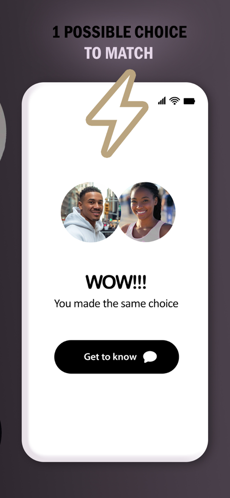 Mutual match notification screen on the Waiter dating app showing two users who chose each other.