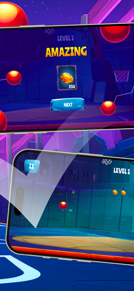 Basket Loot - Basket Loot game screenshot showing level completion and gold coin rewards