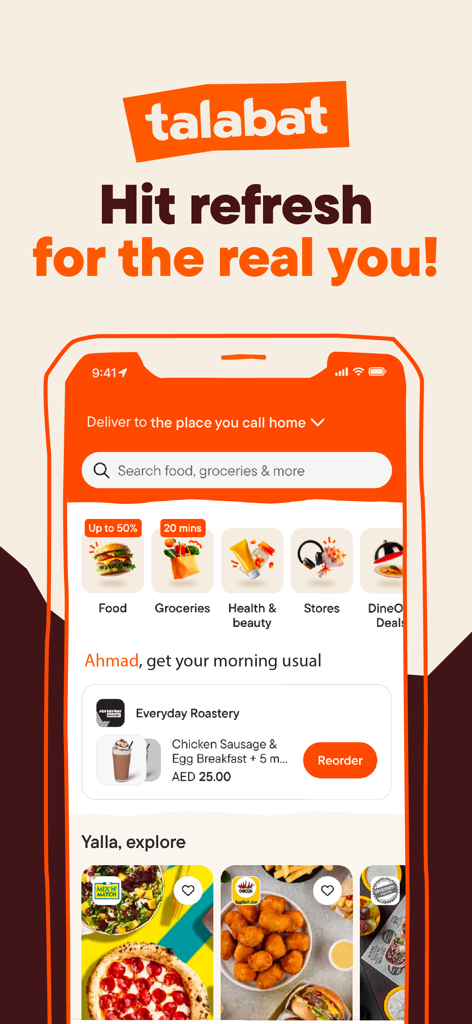 Talabat app interface showing food and grocery delivery options