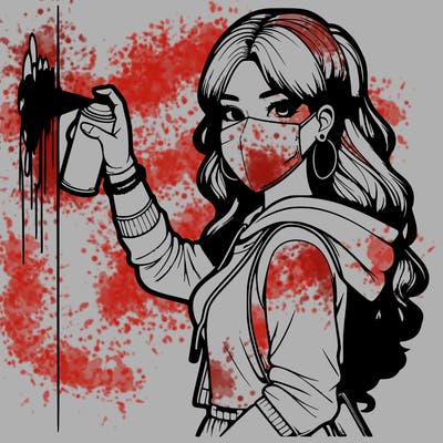 realistic girl with mask spray painting a wall