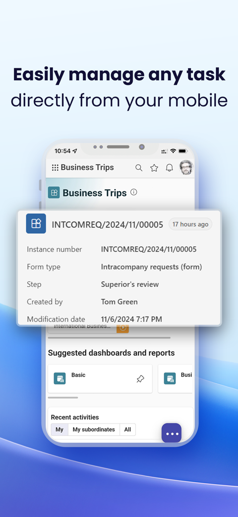 WEBCON BPS Mobile App-Bildschirm, der eine Geschäftsaufgabe zur Überprüfung von Intracompany-Anfragen zeigt