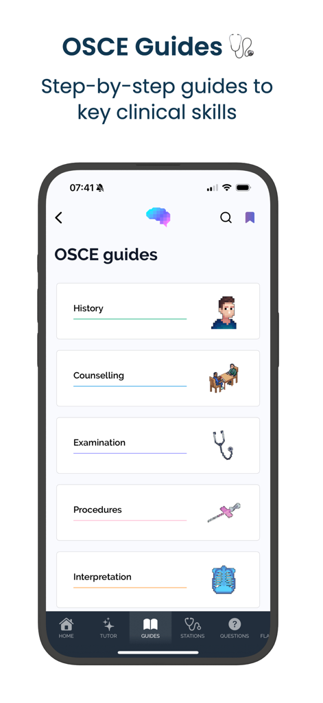 Geeky Medics - OSCE revision - Geeky Medics app interface displaying categories for clinical skill guides like history and examination