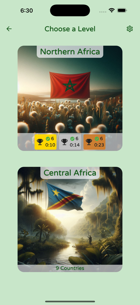 Schermata di selezione del livello che mostra le regioni del Nord e Centro Africa con bandiere e medaglie premio.