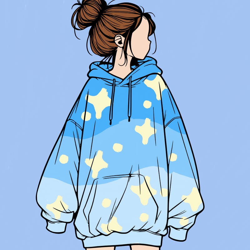 realistic girl with a oversized sweatshirt on and a bun