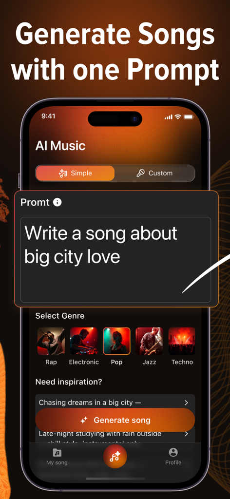 AI Music & Song Generator * - Interface of an AI music app showing a prompt to generate a song about big city love with genre selection for rap electronic pop jazz and techno