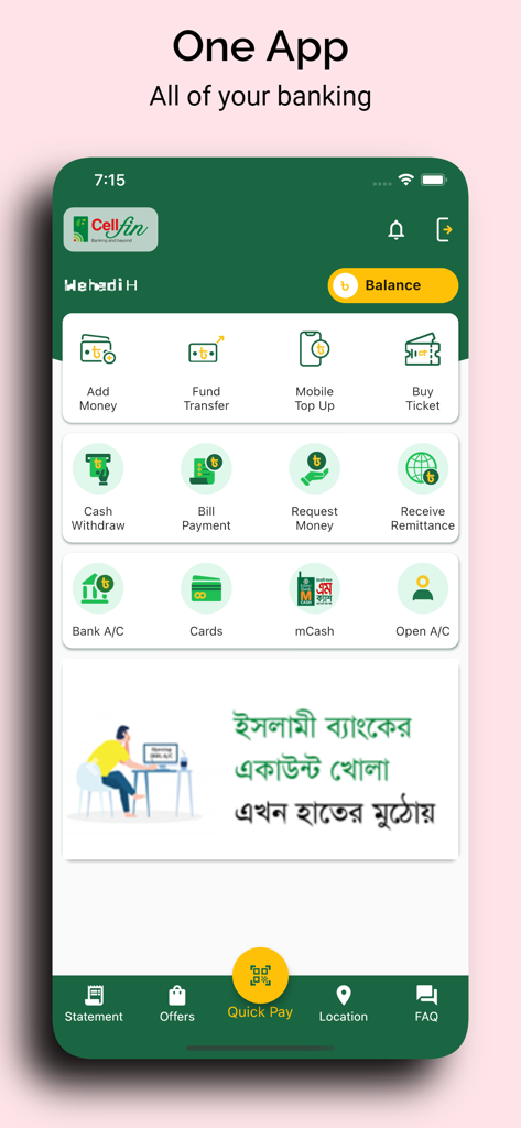 Das Haupt-Dashboard der CellFin-Mobil-App mit verschiedenen digitalen Banking-Funktionen wie Geldüberweisungen und Rechnungszahlungen.