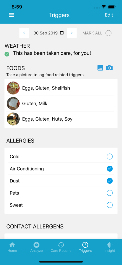 EczemaLess, an AI Eczema Guide - EczemaLess app interface displaying logged food triggers and allergy selections for managing eczema flares