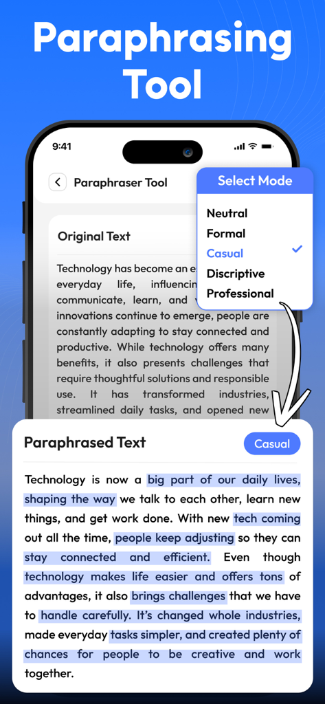 Paraphrase Tool - Humanize Ai - A screenshot of the Paraphrase Tool app showing a list of writing modes like formal and casual with a comparison of original and paraphrased text.