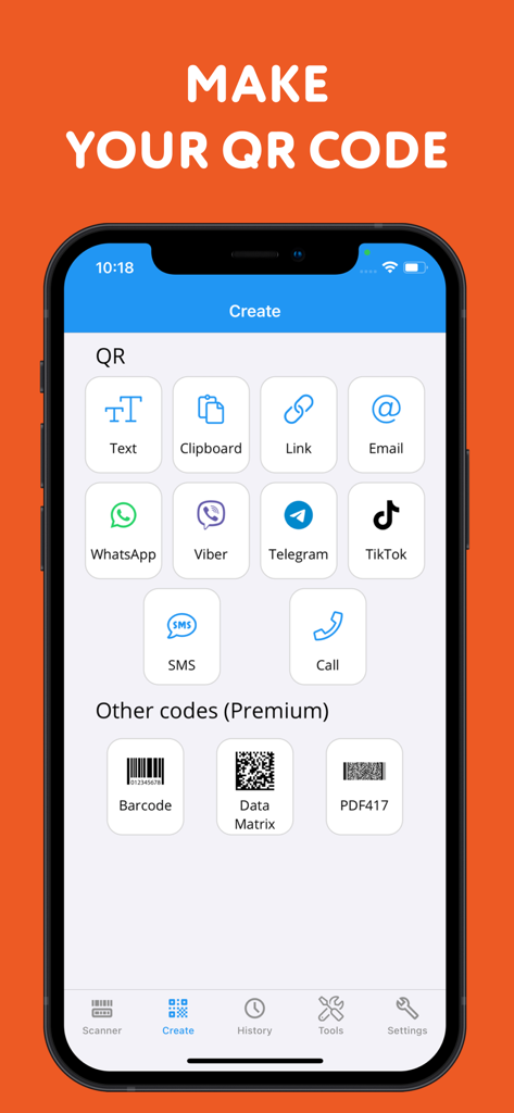 QR Code & 2D Barcode Scanner - Interface showing various options for creating custom QR codes and professional barcodes