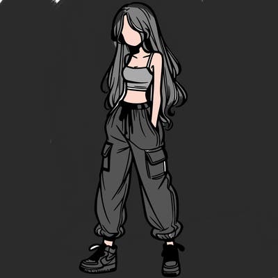 girl in baggy pants crop top and long hair