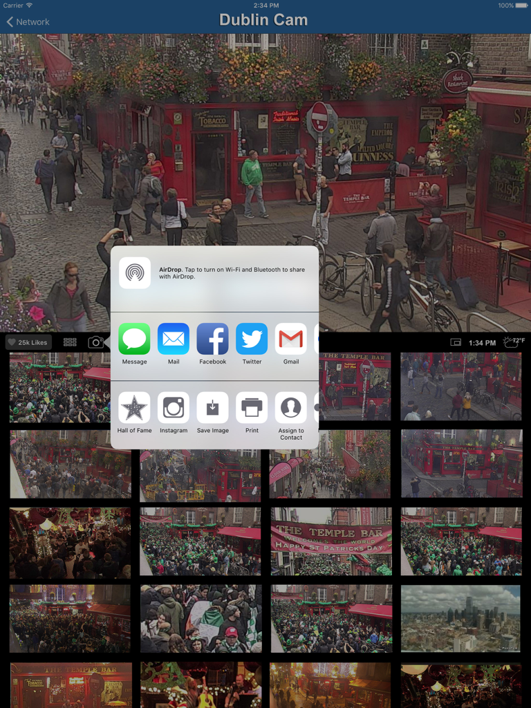 EarthCam app showing a live HD feed of Dublin Temple Bar with social sharing options on an iPad