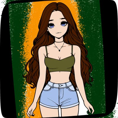a realistic girl with long hair and in a crop top and shprts