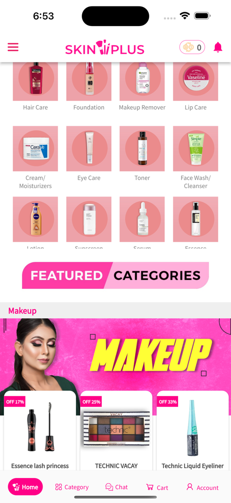 Skinplus - Skinplus mobile app home screen featuring beauty categories and discounted makeup products.