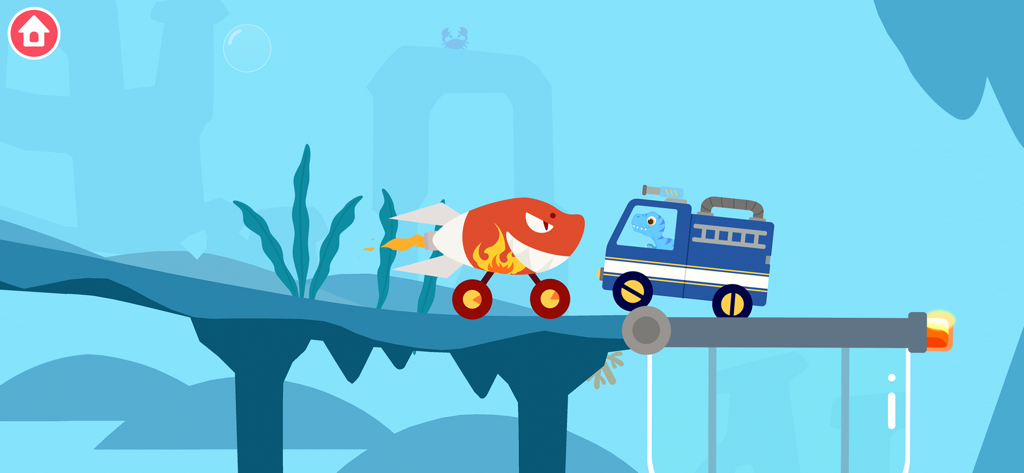 Un dinosaure bleu conduisant un camion tamponneur à côté d'une voiture fusée sur le thème du requin dans une scène sous-marine.