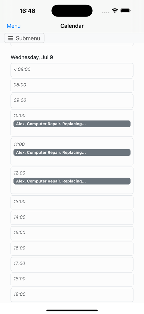Nano Service Management - Daily work schedule view in the Nano Service Management app showing technician appointments