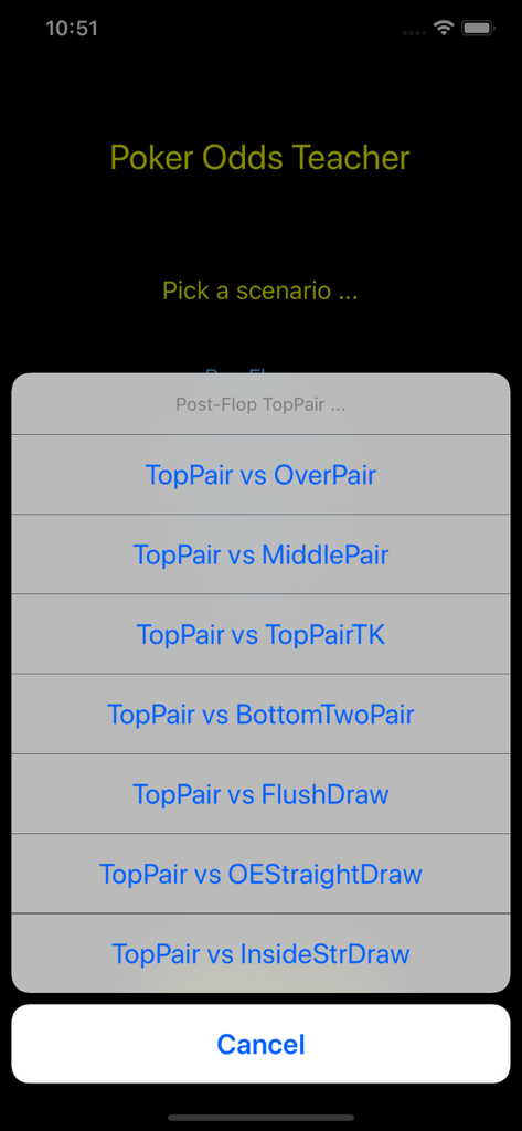 Poker Odds Teacher App zeigt ein Menü mit Post-Flop-Szenarien für die Übung der Quotenberechnung