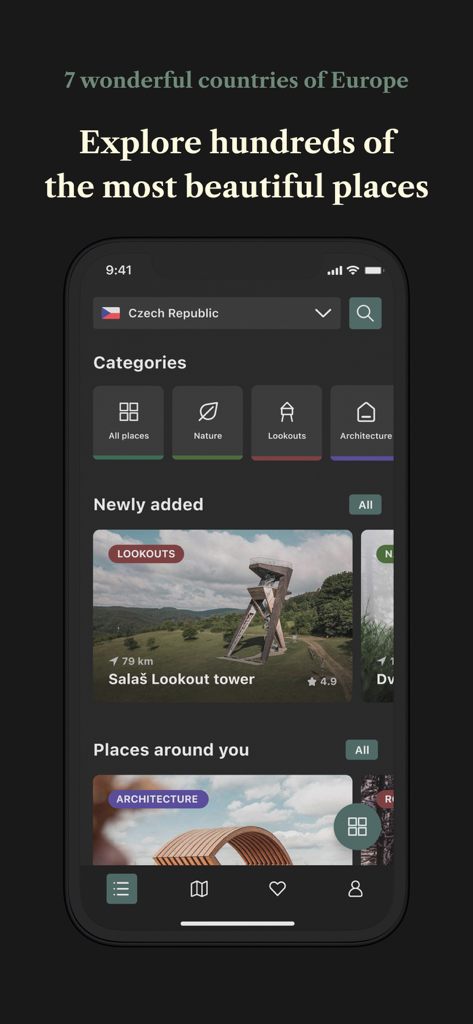 Placehunter: Top places to see - Placehunter app displaying curated travel destinations and categories in Europe