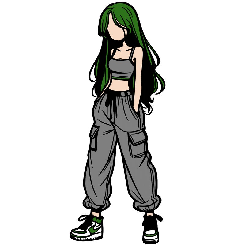 girl in baggy pants crop top and long hair