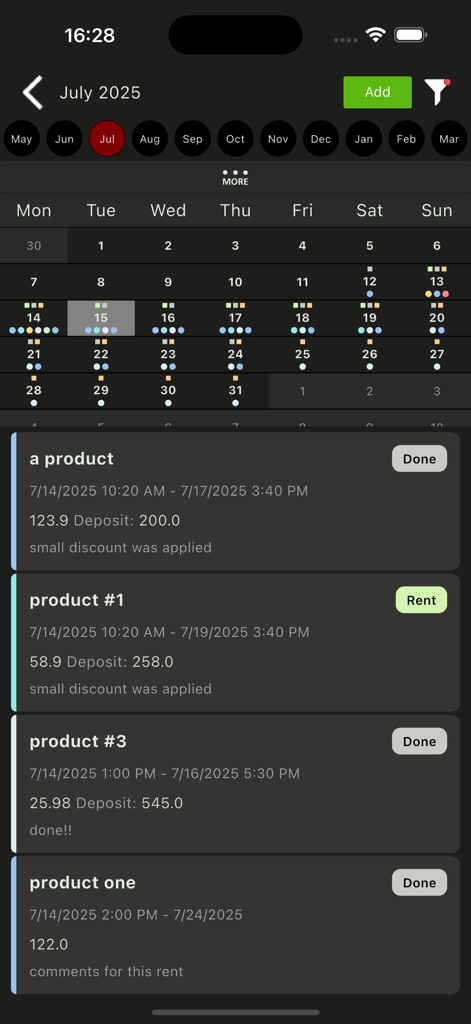 Captura de tela do aplicativo Agenda visual para aluguel de imóveis mostrando uma visualização de calendário mensal e uma lista de produtos de aluguel ativos com rótulos de status.