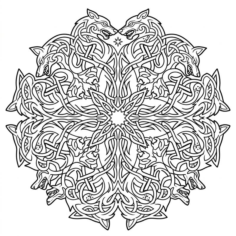 Dive into a world of ancient symbolism with this breathtaking Celtic wolf knot mandala. Its intricate design combines the power of wolves with mesmerizing knotwork, offering a unique coloring challenge.