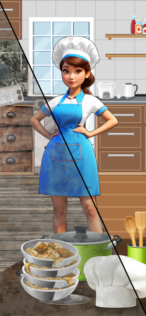 Una chef de pie en una cocina que se muestra en una transformación dividida de antes y después de la limpieza.