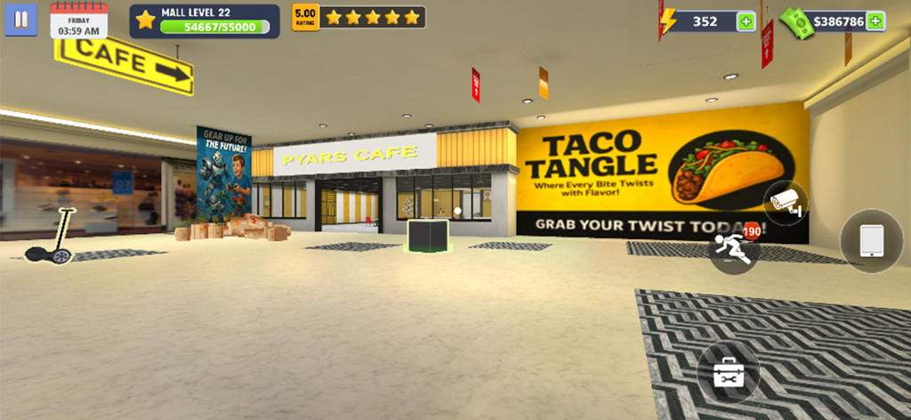 Mall & Fast Food Simulator 3D - 3D shopping mall interior with Pyars Cafe and Taco Tangle restaurant in a business simulation game