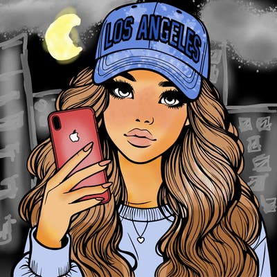 realistic beautiful girl wearing los ángeles cap holding an iphone