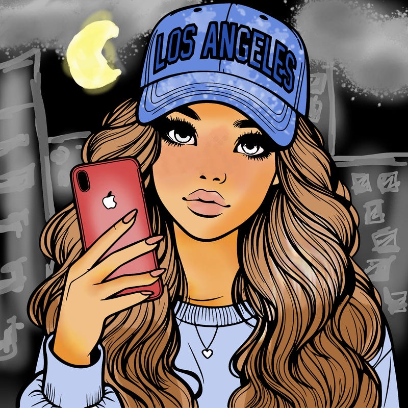 realistic beautiful girl wearing los ángeles cap holding an iphone