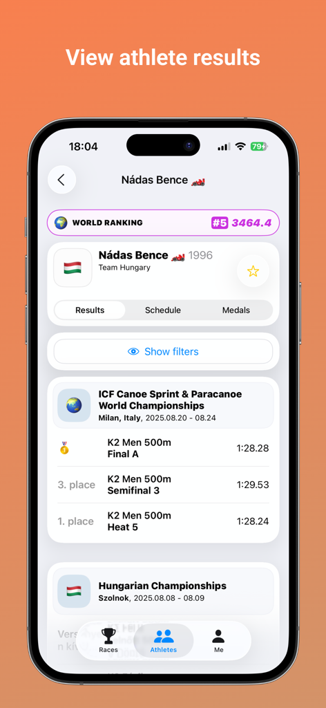 Kajakapp - Screenshot of Kajakapp displaying the competition results and world ranking for a Hungarian canoe athlete.
