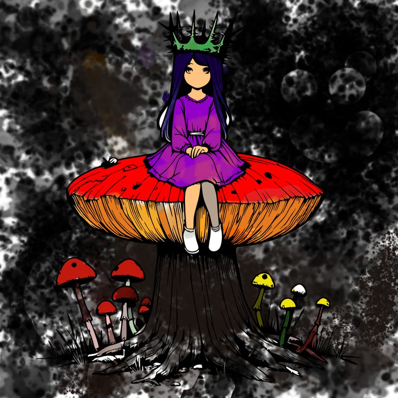 realistic girl sitting on a huge tree stump size toadstool with thorn crown