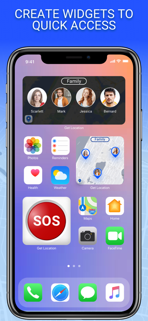 iPhone home screen displaying family location tracking widgets and an SOS emergency button.
