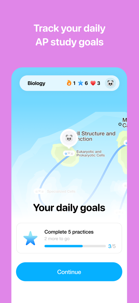 Medly - Ace AP - Interface do aplicativo Medly mostrando um rastreador de metas de estudo AP diário gamificado e um mapa de progresso de aprendizado para Biologia