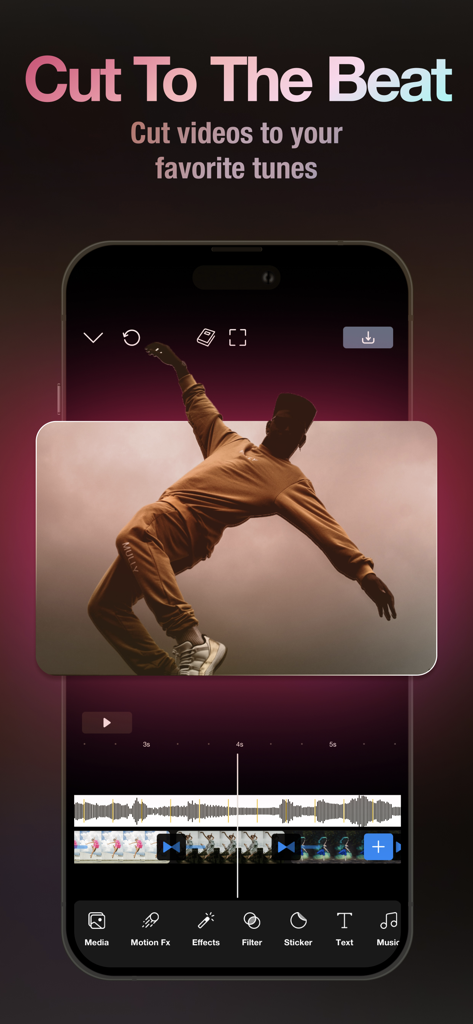 Interface da linha do tempo de vídeo do aplicativo Riveo sincronizada com uma forma de onda de música para cortar clipes na batida