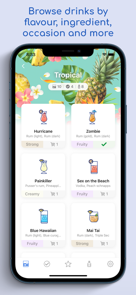 FreeFlow app interface showing tropical cocktail recipes categorized by flavor and strength