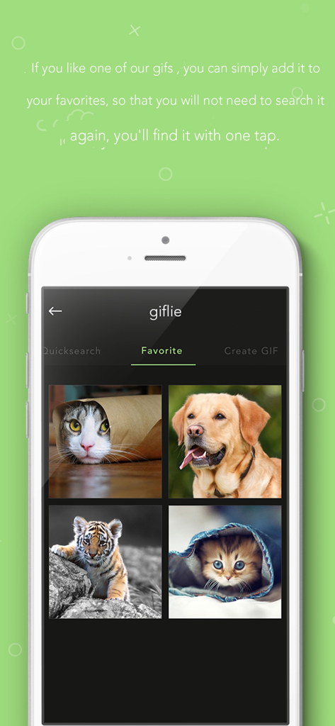 For Whatsapp - Funny gif gifs - Giflie app interface showing a collection of favorite animal gifs