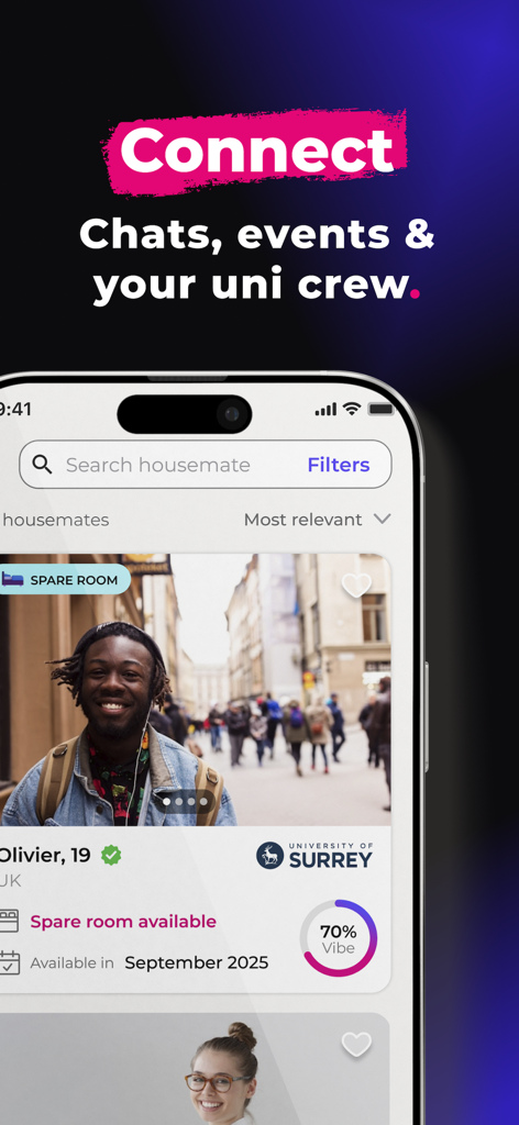 Una pantalla móvil de la aplicación Roome que muestra el perfil de un compañero de piso estudiante con un indicador de coincidencia de personalidad del 70 por ciento.