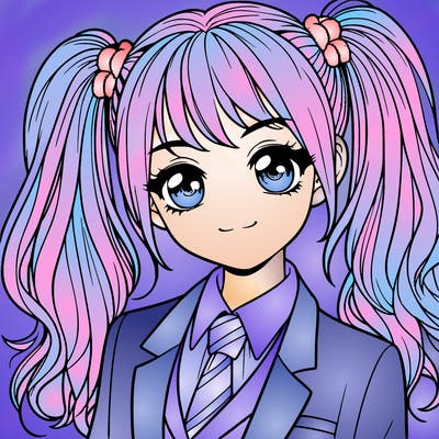 realistic girl with two ponytails and a suit on