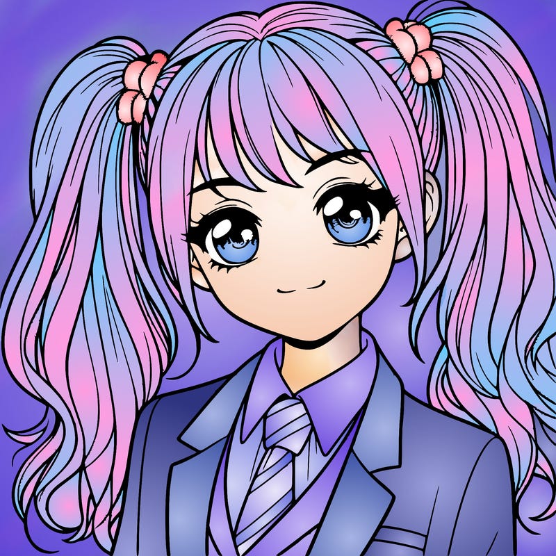 realistic girl with two ponytails and a suit on