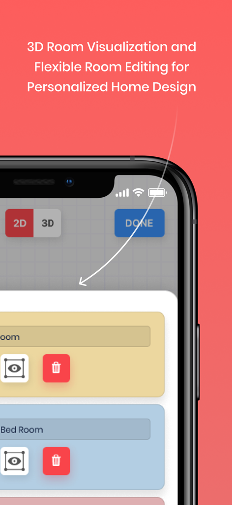Abode - Home Design & Remodel - Pantalla de teléfono inteligente que muestra las funciones de la aplicación Abode para visualización de habitaciones 3D y edición de planos de planta