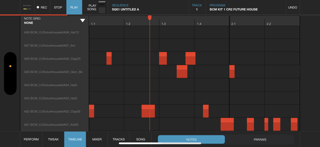 iMPC Pro 2 for iPhone - Vista timeline di iMPC Pro 2 per iPhone con griglia di note per il sequencing della produzione musicale