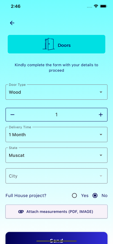 Quotation | كوتيشن - Mobile app screen showing a quote request form for doors with fields for door type, quantity, and location.