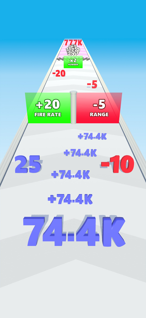 Number Run & Merge: Shooting - Un numero blu 74.4K che si muove su una pista da corsa attraverso cancelli più e meno