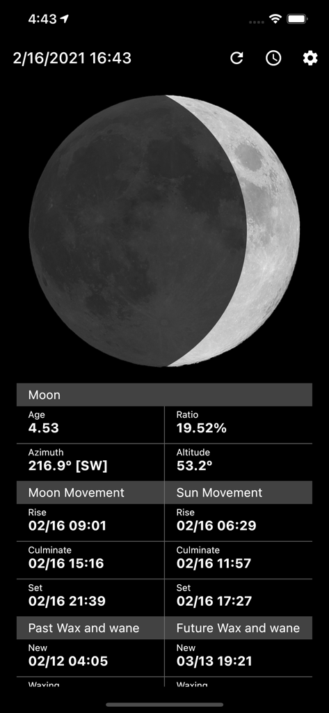 Graphical interface of the Diana app showing a waxing crescent moon with detailed rise and set times for the moon and sun.