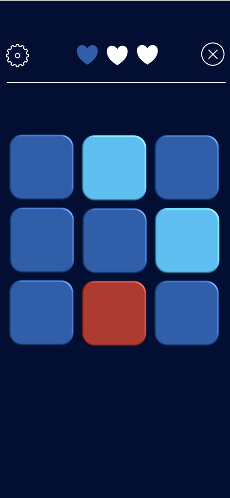 BRAINWORK6 - A clinical cognitive assessment screen featuring a three-by-three grid of blue and red tiles