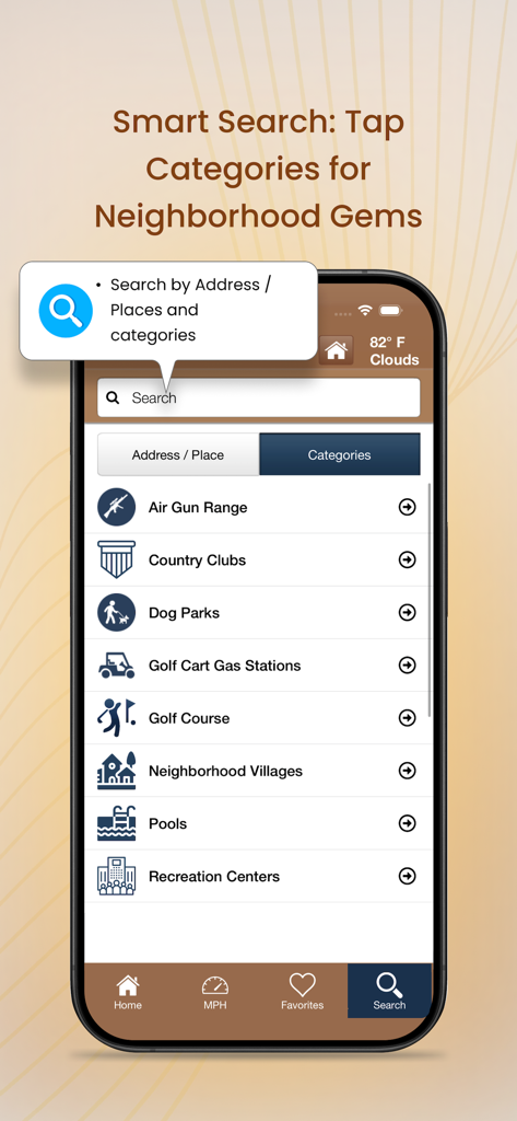 Smart search screen in the Villages GPS app showing navigation categories for local neighborhood amenities like country clubs and golf cart gas stations.